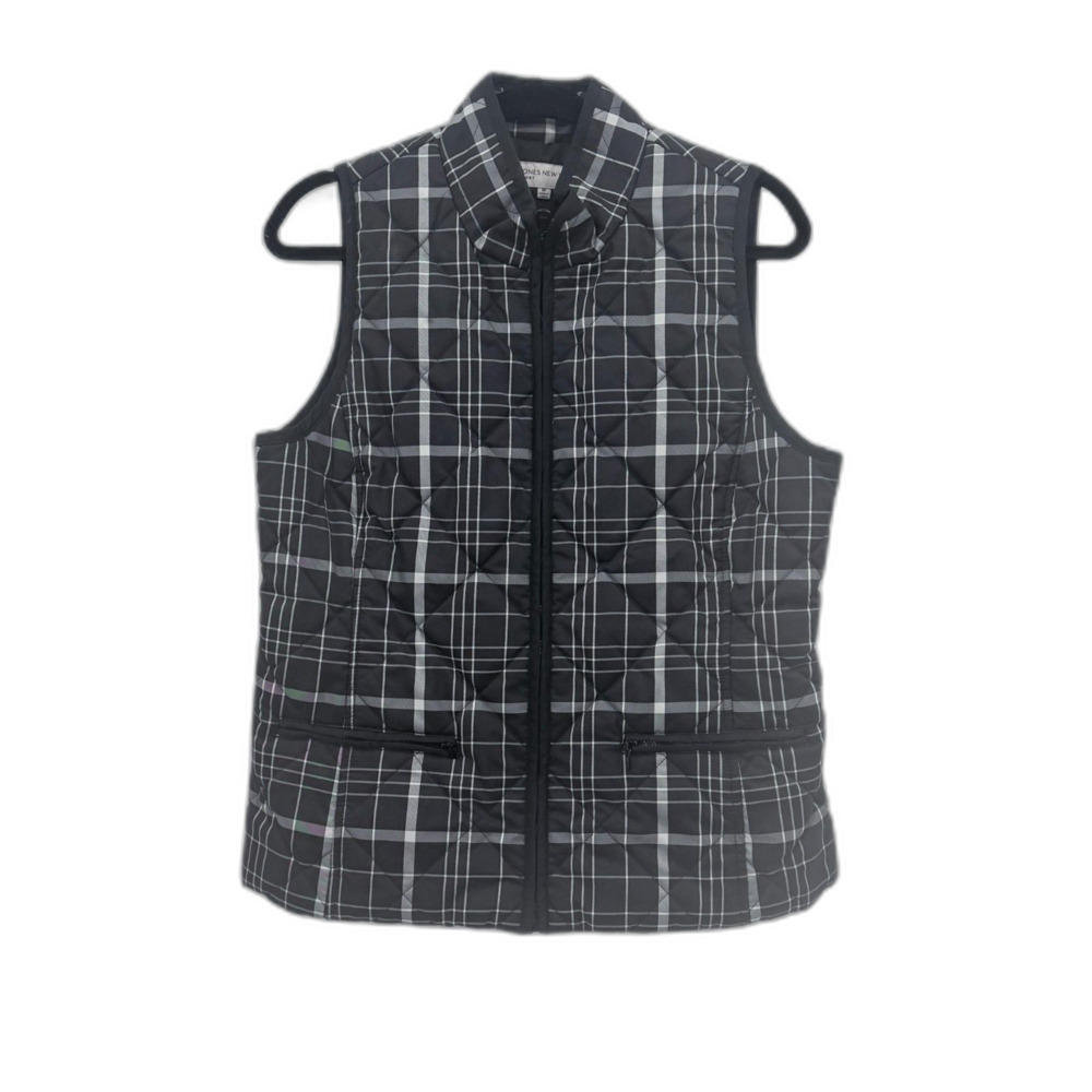 Black White Plaid Puffer Vest Women Layering Jones NY Med Fall Cabincore Zip Up